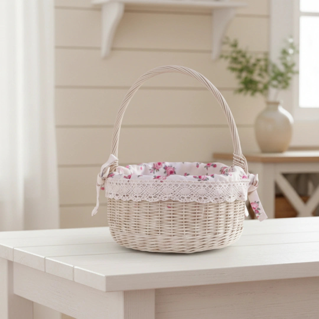 Farmhouse Wicker Basket Round with Handles antique white floral lining on white table