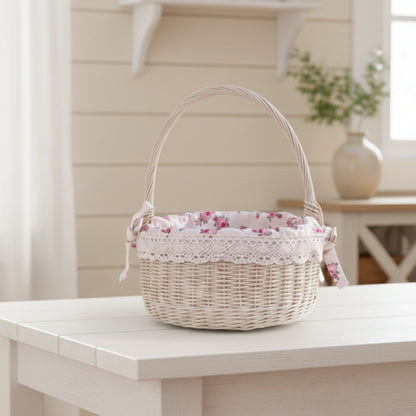Farmhouse Wicker Basket Round with Handles antique white floral lining on white table