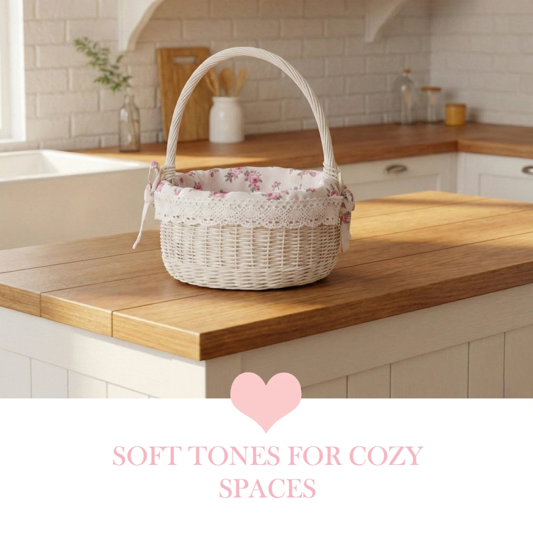 Farmhouse Wicker Basket Round with Handles antique white with floral lining on wooden kitchen counter