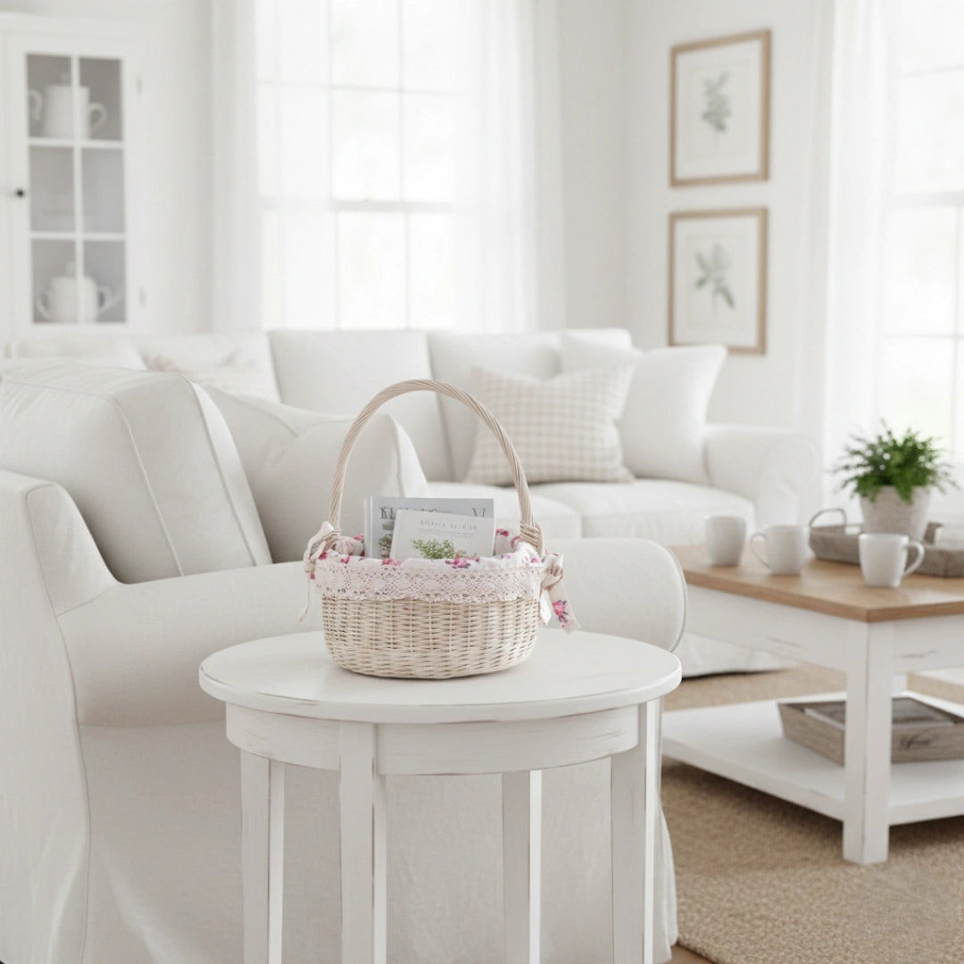 Farmhouse Wicker Basket Round with Handles antique white placed on round table in living room