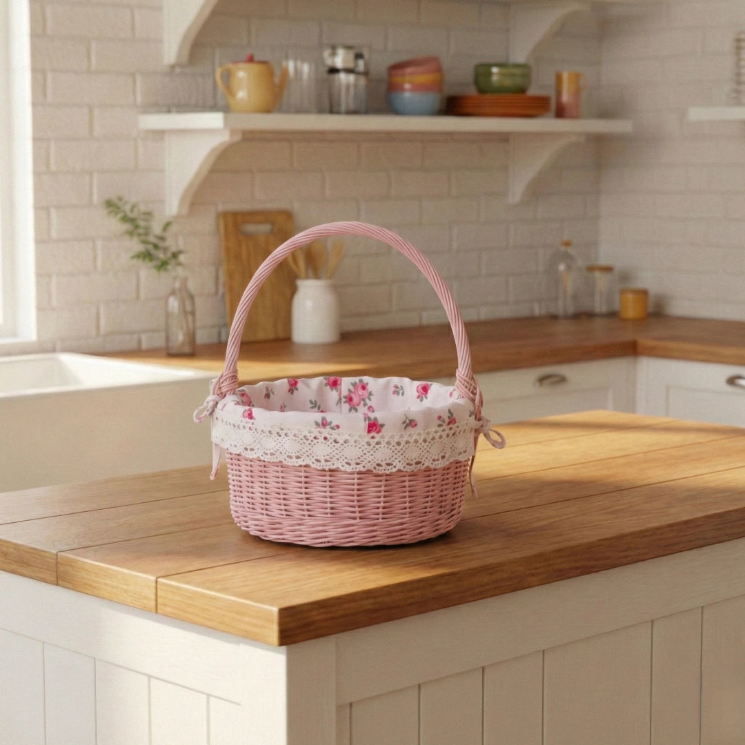 Farmhouse Wicker Basket Round with Handles Pale Pink floral lined on kitchen counter