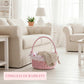 Farmhouse Wicker Basket Round with Handles Pale Pink floral lining displayed on wooden kitchen counter