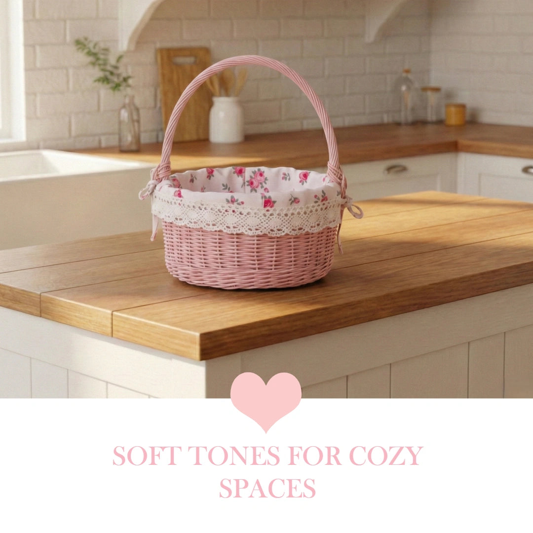 Farmhouse Wicker Basket Round with Handles Pale Pink floral lining displayed on wooden kitchen counter.