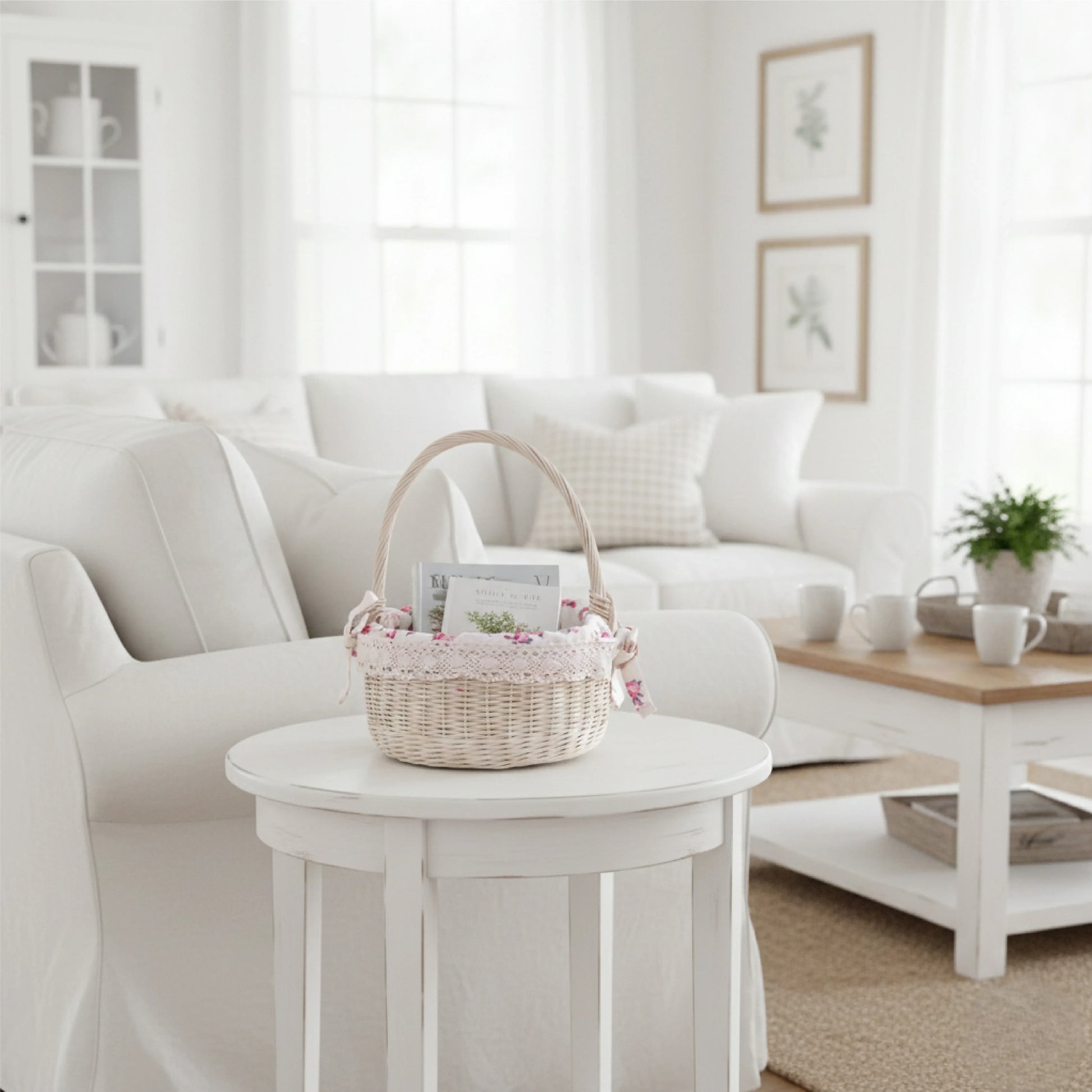 White living room with a wicker basket on a small round table.

