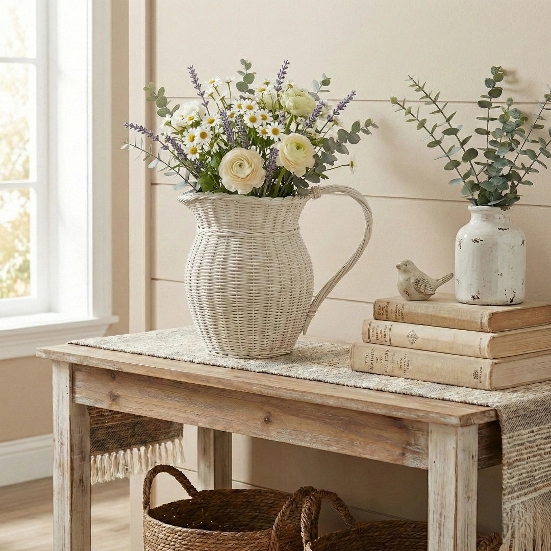Farmhouse Wicker Jug antique white styled with flowers on wooden table home decor scene