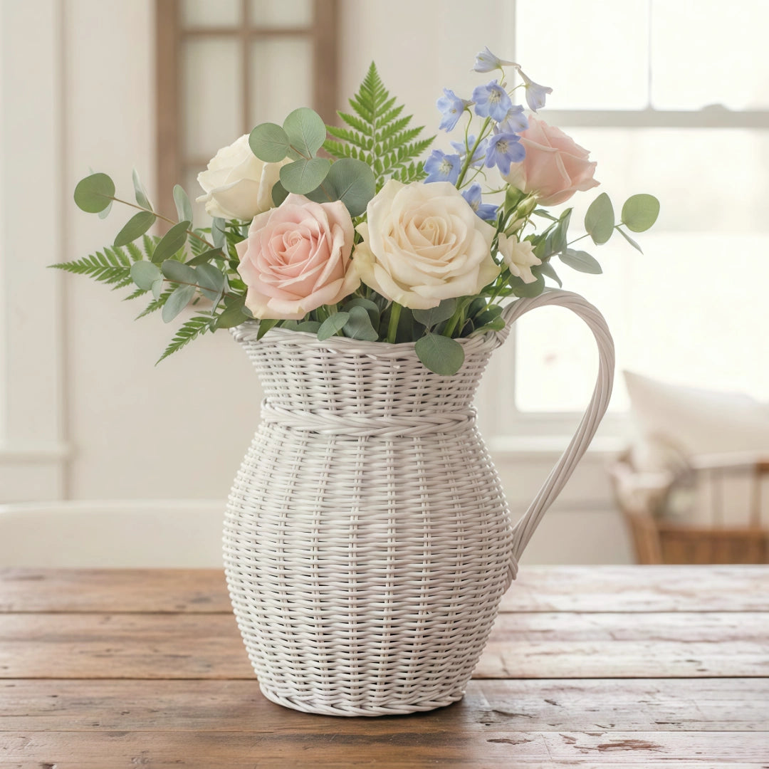 Farmhouse Wicker Jug antique white pitcher filled with flowers on wooden table