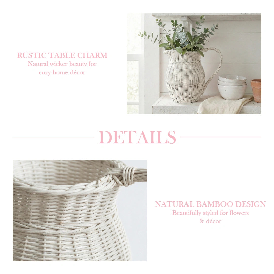 Farmhouse Wicker Jug antique white wicker pitcher basket product display on white background