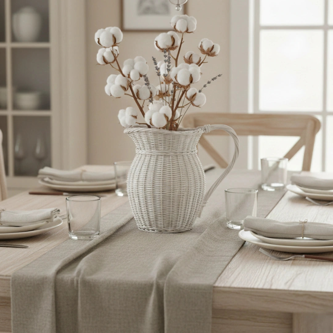 Farmhouse Wicker Jug antique white woven pitcher on dining table with cotton branches