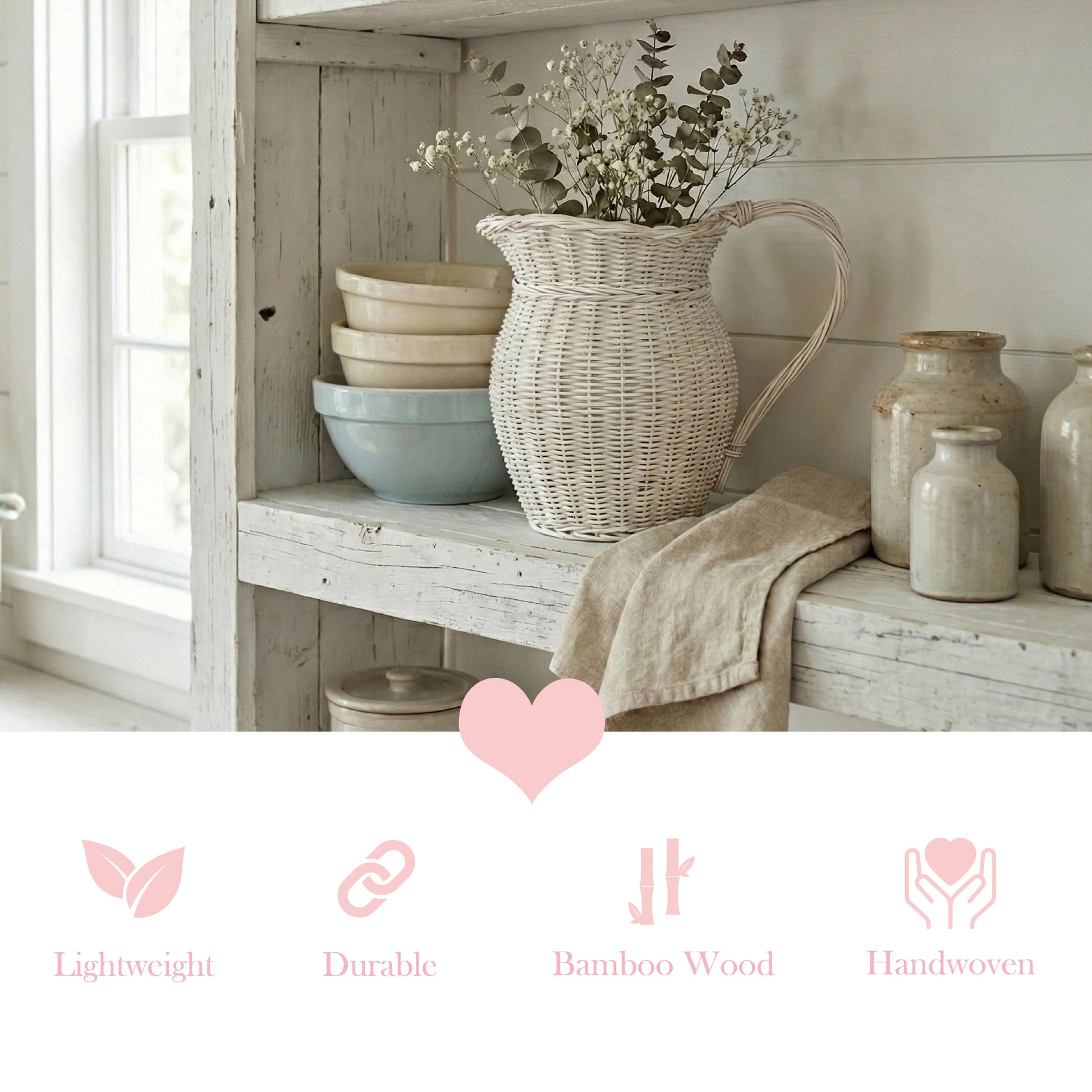 Decorative shelf with wicker pitcher, ceramic bowls, and jars in a rustic setting.

