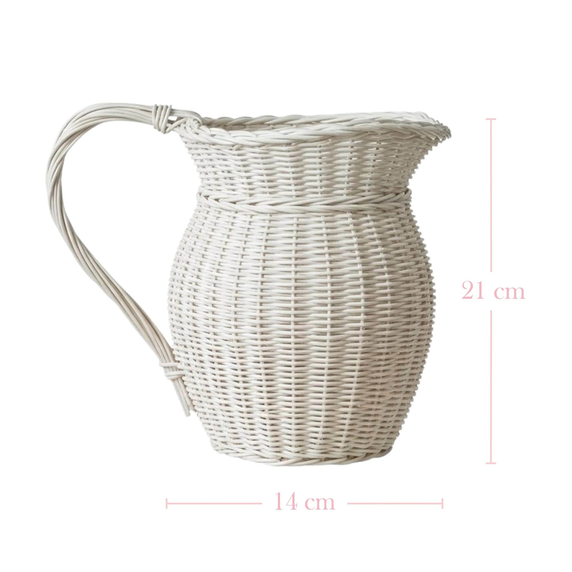 Wicker pitcher with dimensions on a white background

