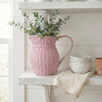 Farmhouse Wicker Jug Pale Pink with greenery on white wooden shelf home decor display