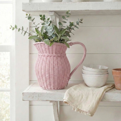 Farmhouse Wicker Jug Pale Pink with greenery on white wooden shelf home decor display