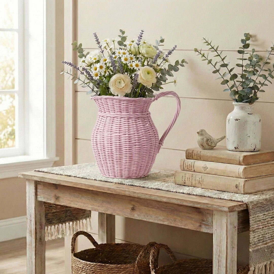 Farmhouse Wicker Jug Pale Pink woven pitcher with flowers on wooden table home decor