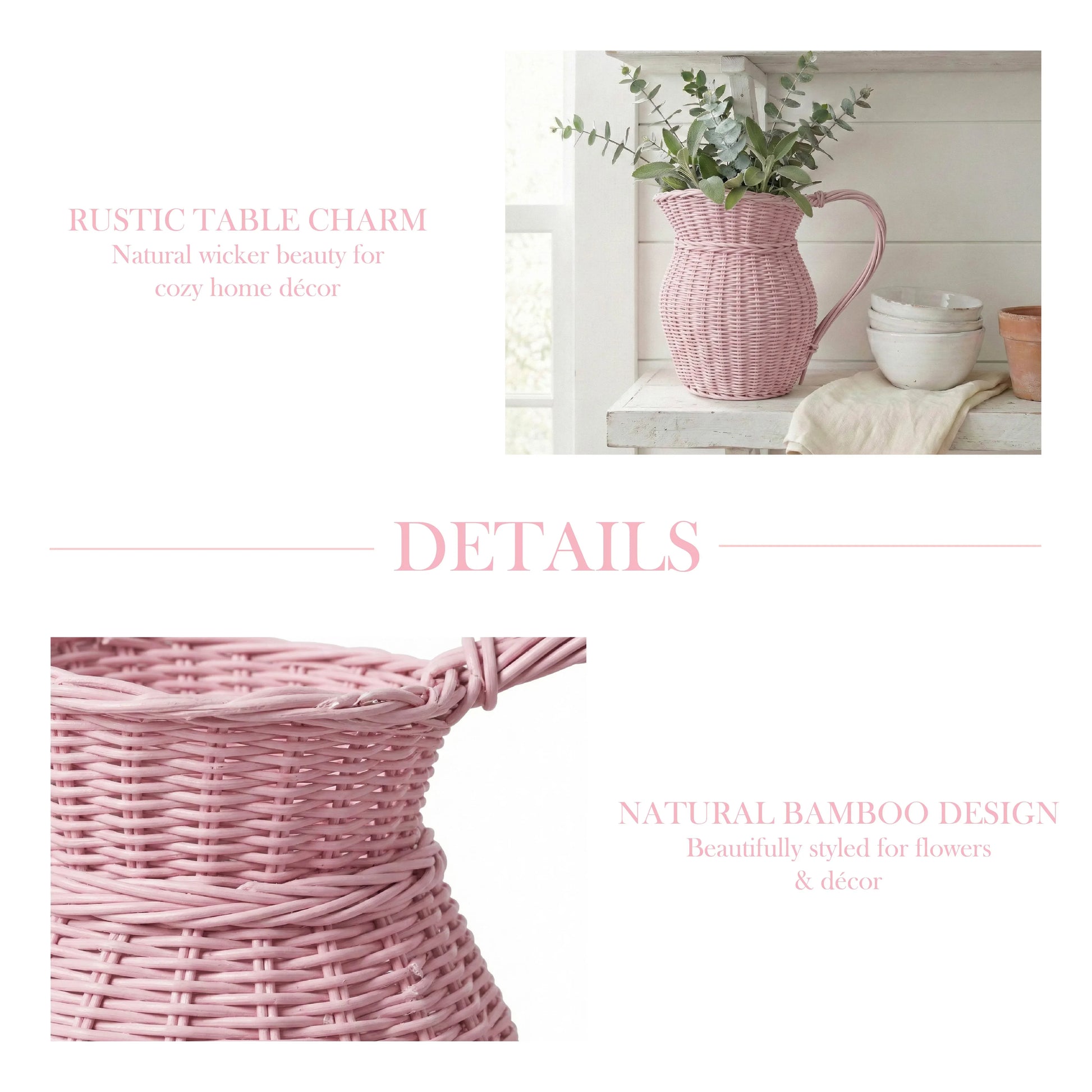 Pink wicker pitcher with flowers on a white surface, with text describing rustic charm and natural bamboo design.