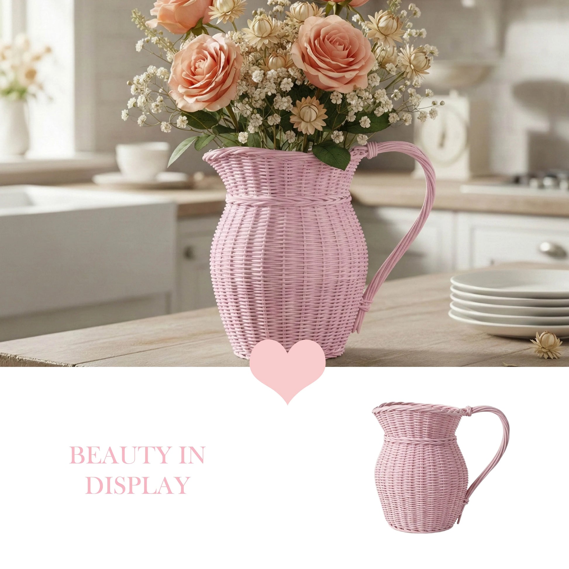 Pink wicker pitcher with flowers on a kitchen counter, labeled 'Beauty in Display'.