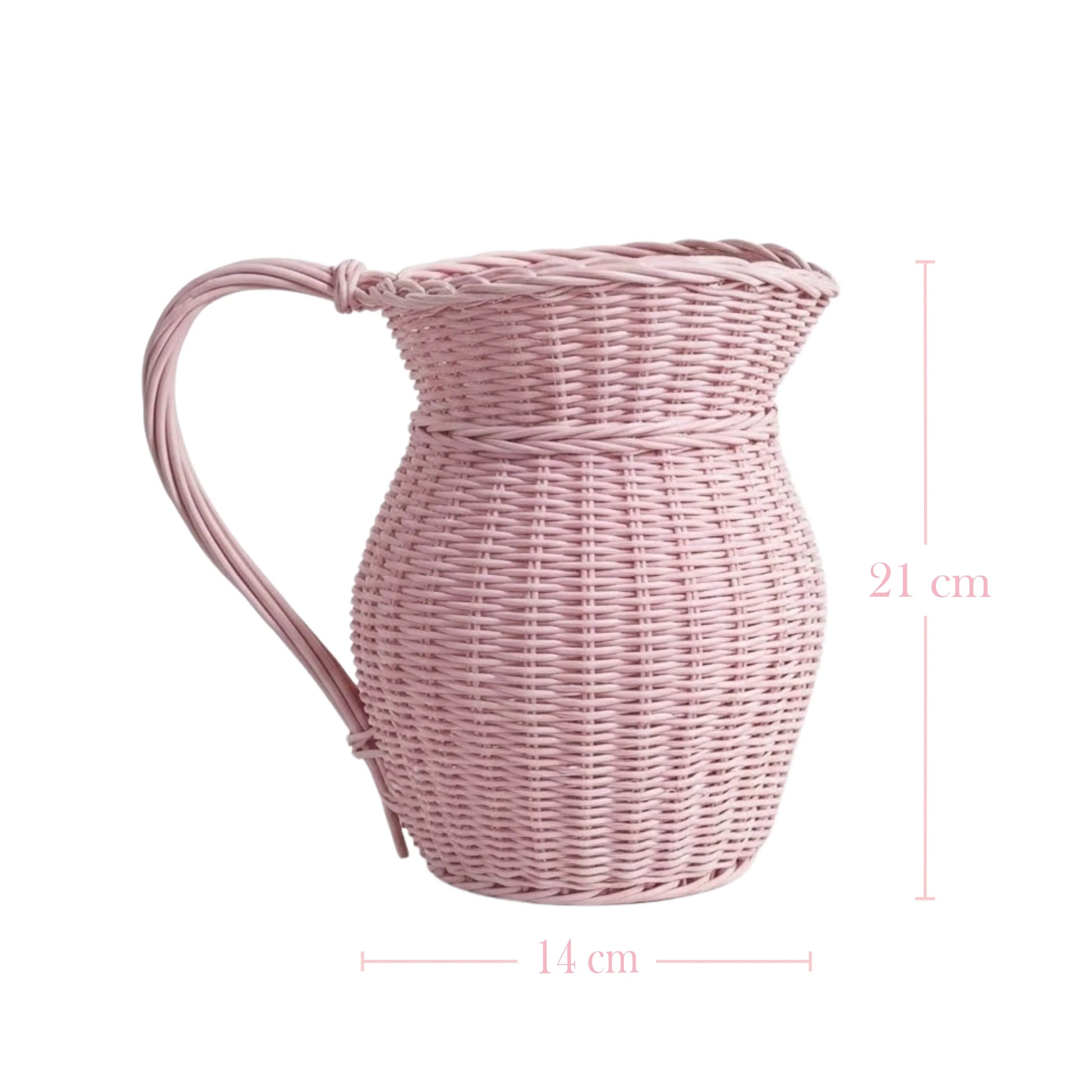 Pink woven pitcher with dimensions on a white background