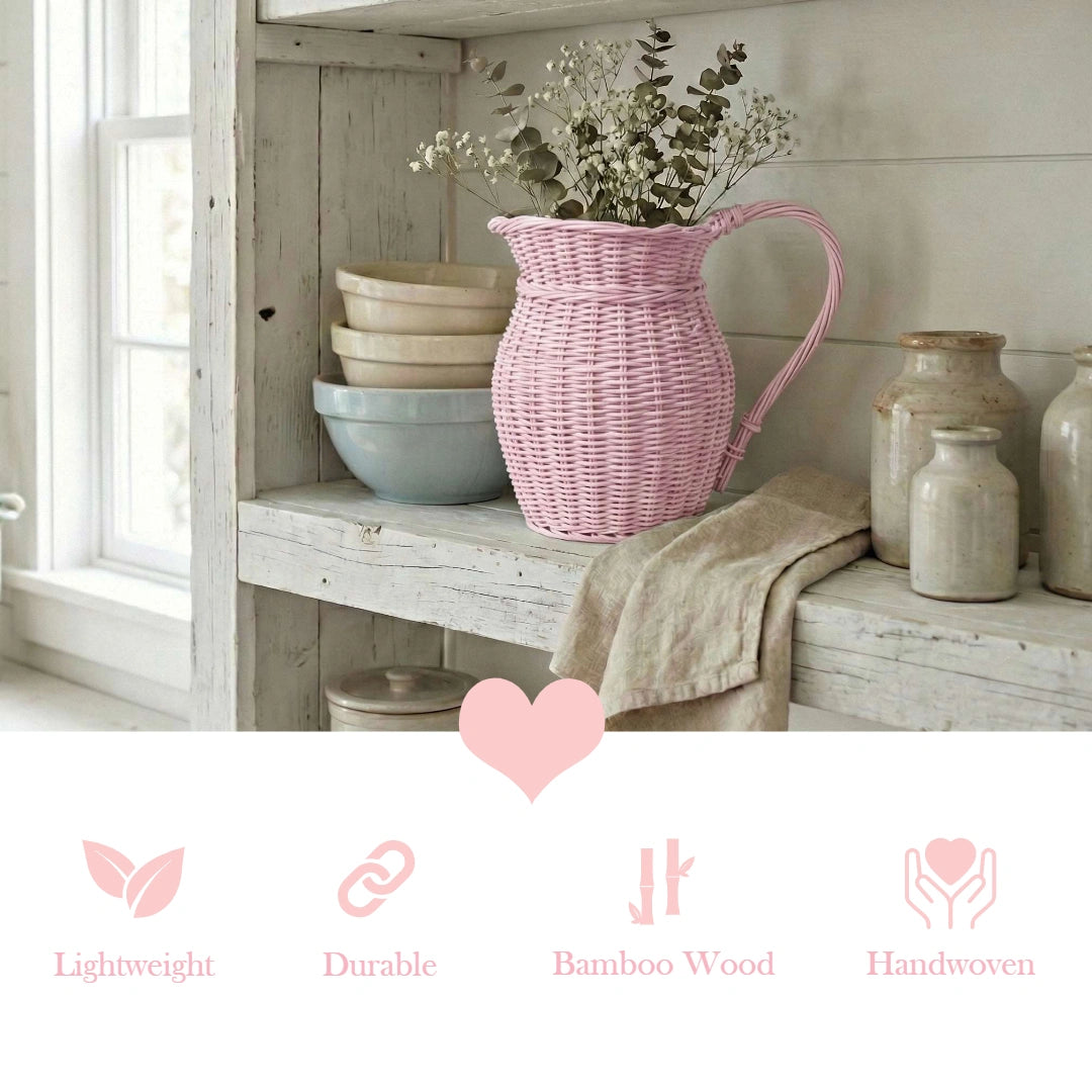 Pink woven pitcher on a wooden shelf with decorative elements and text about material properties.