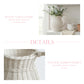 White wicker pitcher and basket with text about rustic table charm and natural bamboo design.

