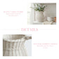 White wicker pitcher and basket with text about rustic table charm and natural bamboo design.