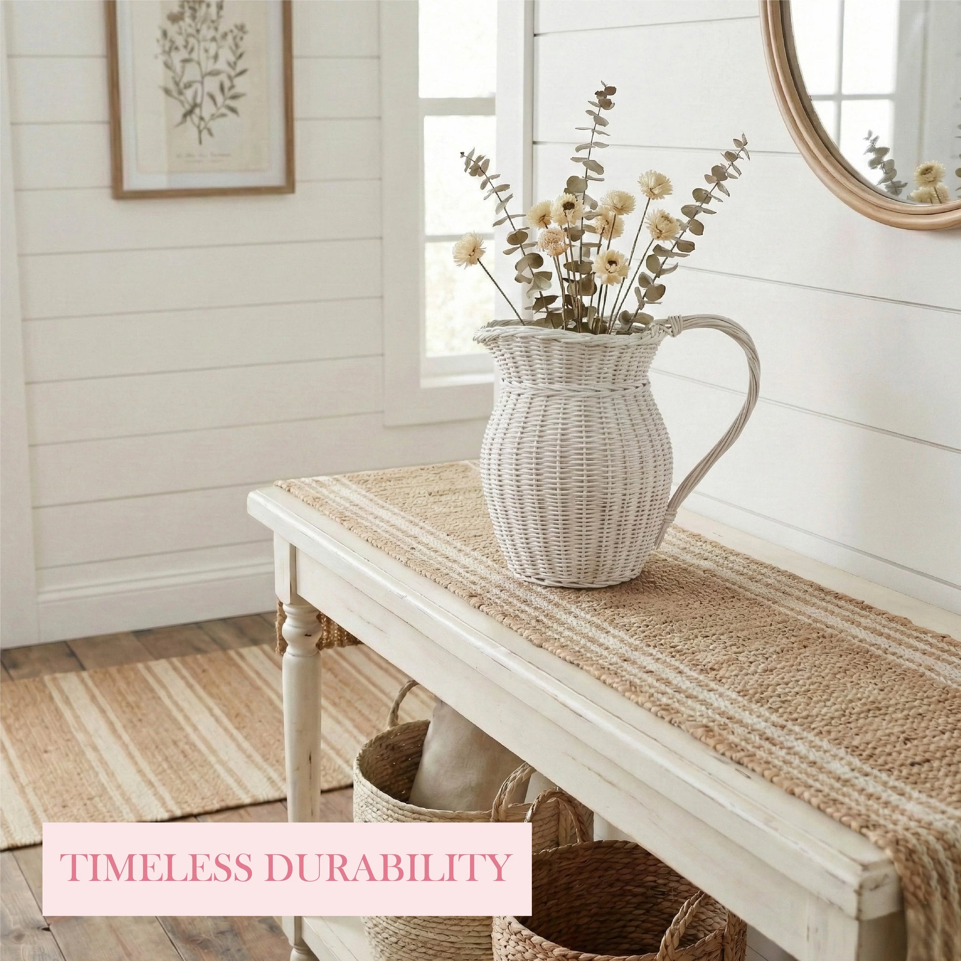 White wicker pitcher with flowers on a wooden bench in a room with white walls and a window.

