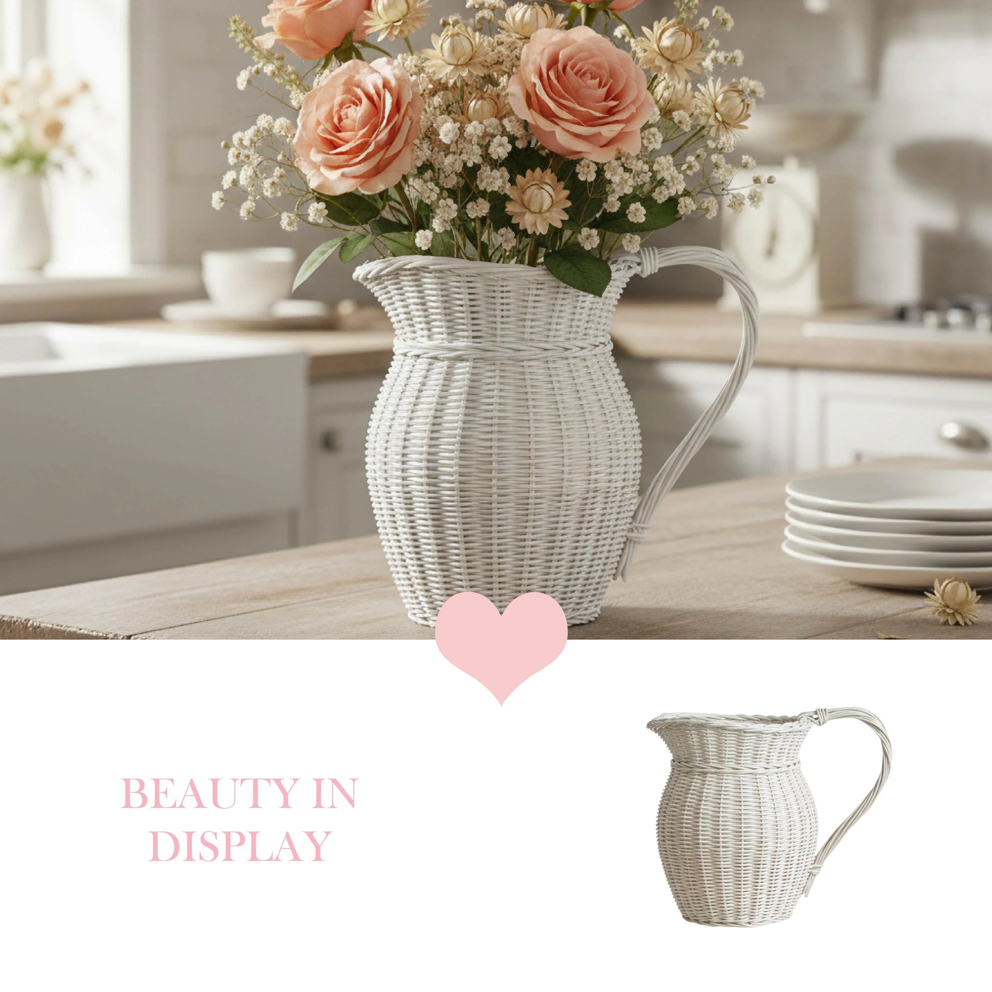 White wicker pitcher with pink flowers on a kitchen counter, with 'Beauty in Display' text and heart icon.

