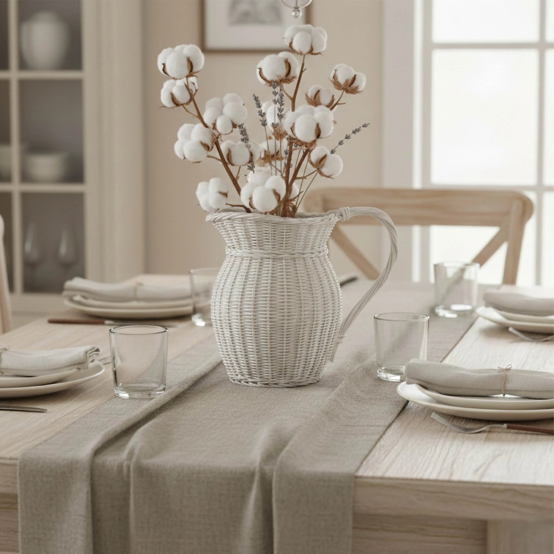 Dining table setting with a woven pitcher holding cotton branches.

