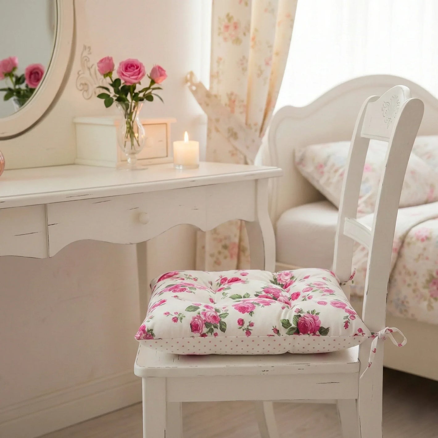 Floral cushion on a chair in a softly lit room with a vanity table and mirror.