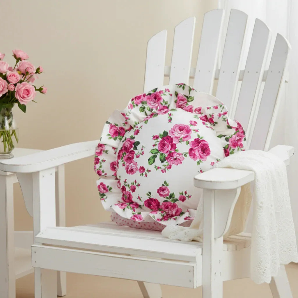 White chair with antique white circular  floral cushion and shawl, next to a small table with flowers.