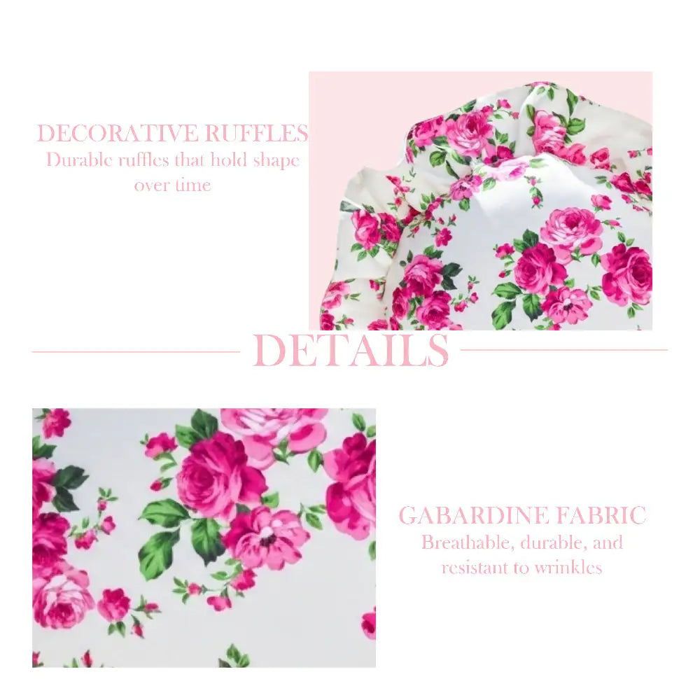 Antique white circular floral fabric with pink roses on a white background, featuring text about decorative ruffles and gabardine fabric.