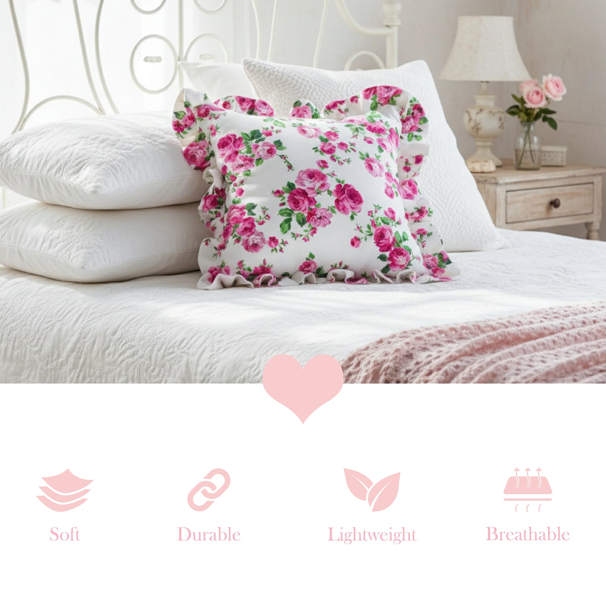 Antique white floral pillow on a bed with softness, durability, lightness, and breathability icons below.
