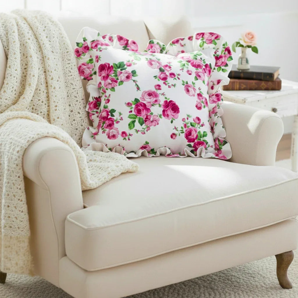 Antique white floral pillow on a beige sofa with a blanket and small table in the background