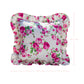 Antique white floral patterned pillow with ruffled edges with measurement on a white background