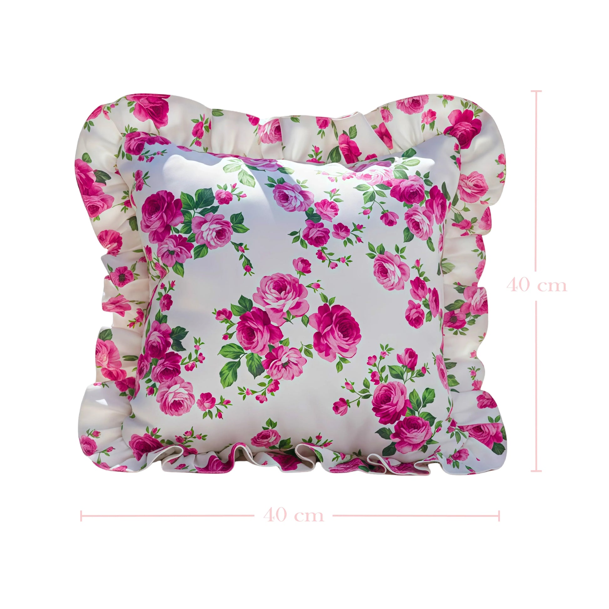 Antique white floral patterned pillow with ruffled edges with measurement on a white background