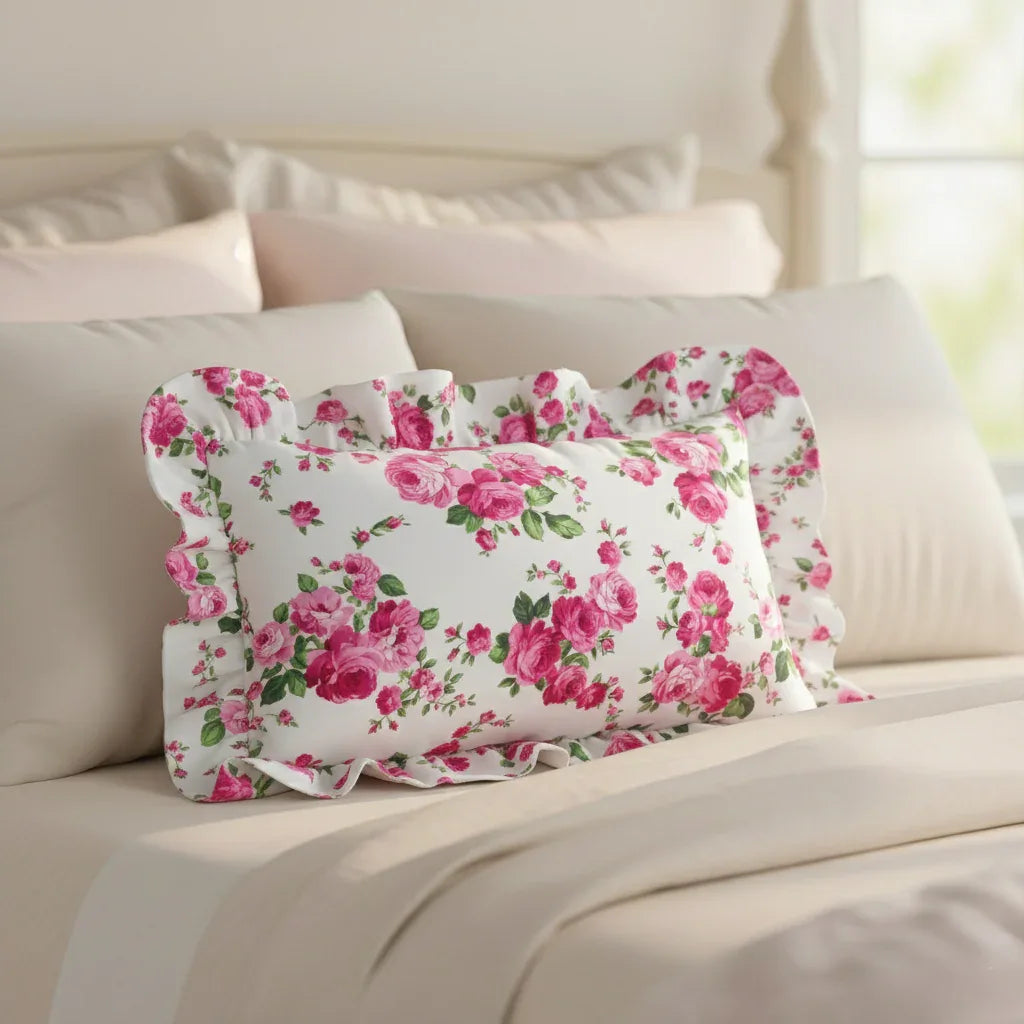 Antique white rectangular floral pillow on a bed with beige bedding