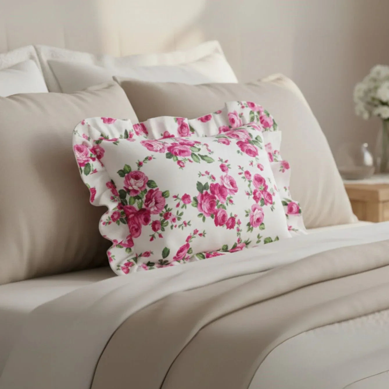 Antique white rectangular floral pillow on a bed with a neutral background