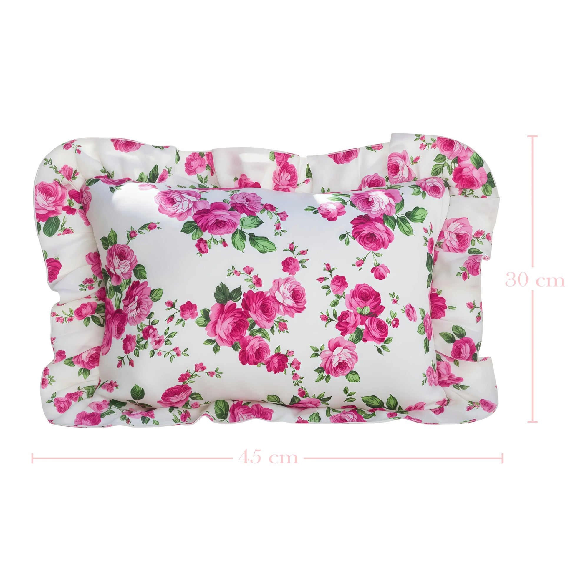 Antique white floral patterned rectangular pillow with ruffled edges with dimensions on a white background