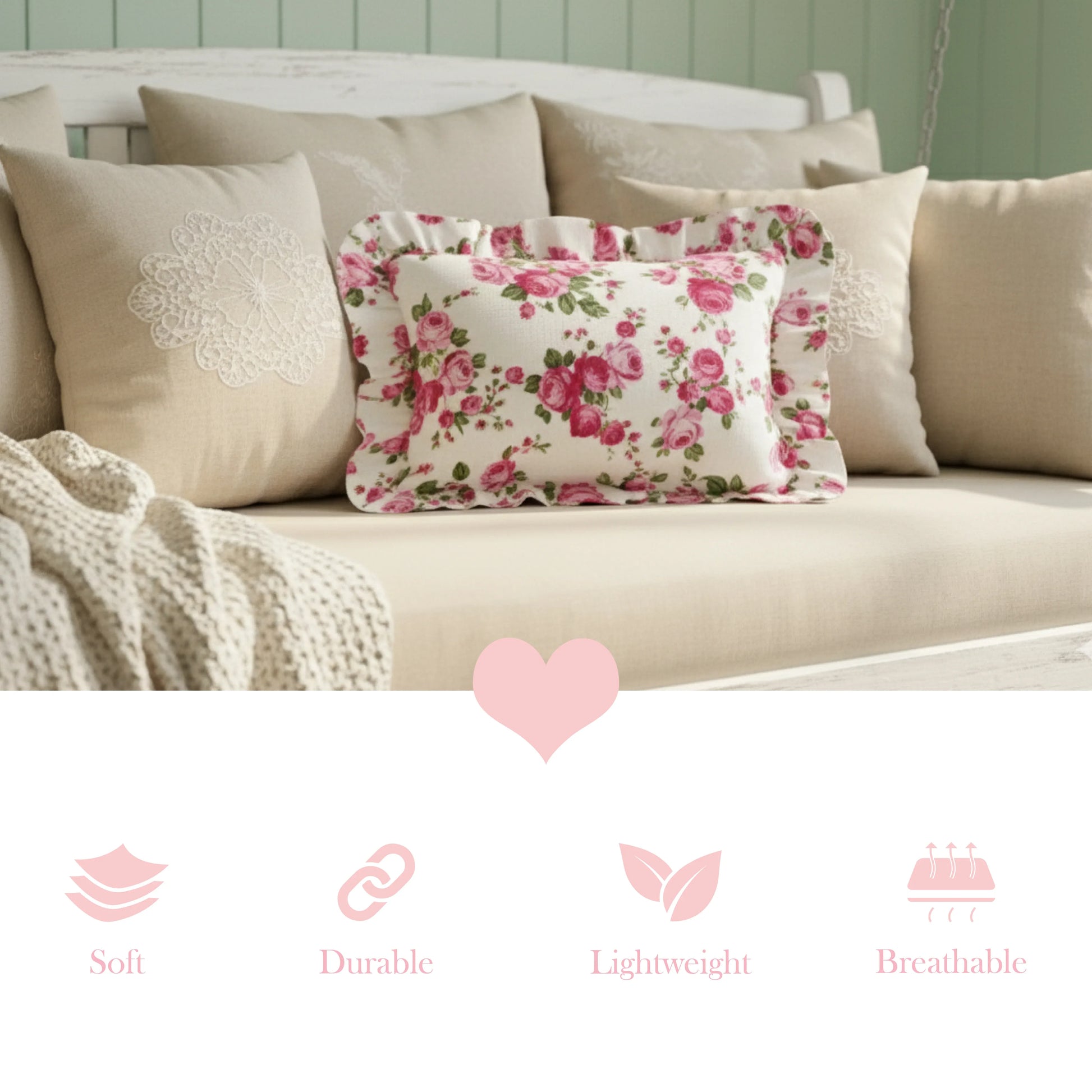 Antique white rectangular floral pillow on a beige sofa with decorative elements and text icons.