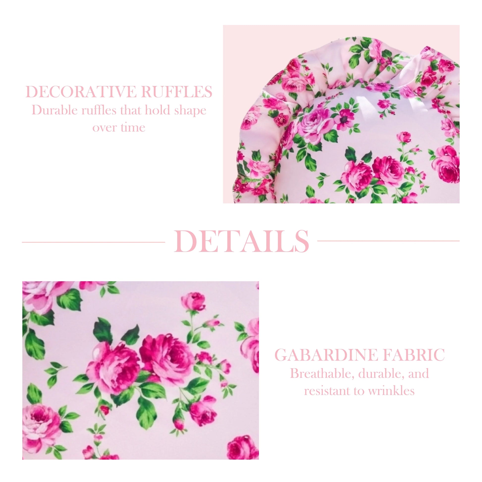 Pale pink circular floral headband with pink roses on a light pink background, featuring text about decorative ruffles and gabardine fabric.