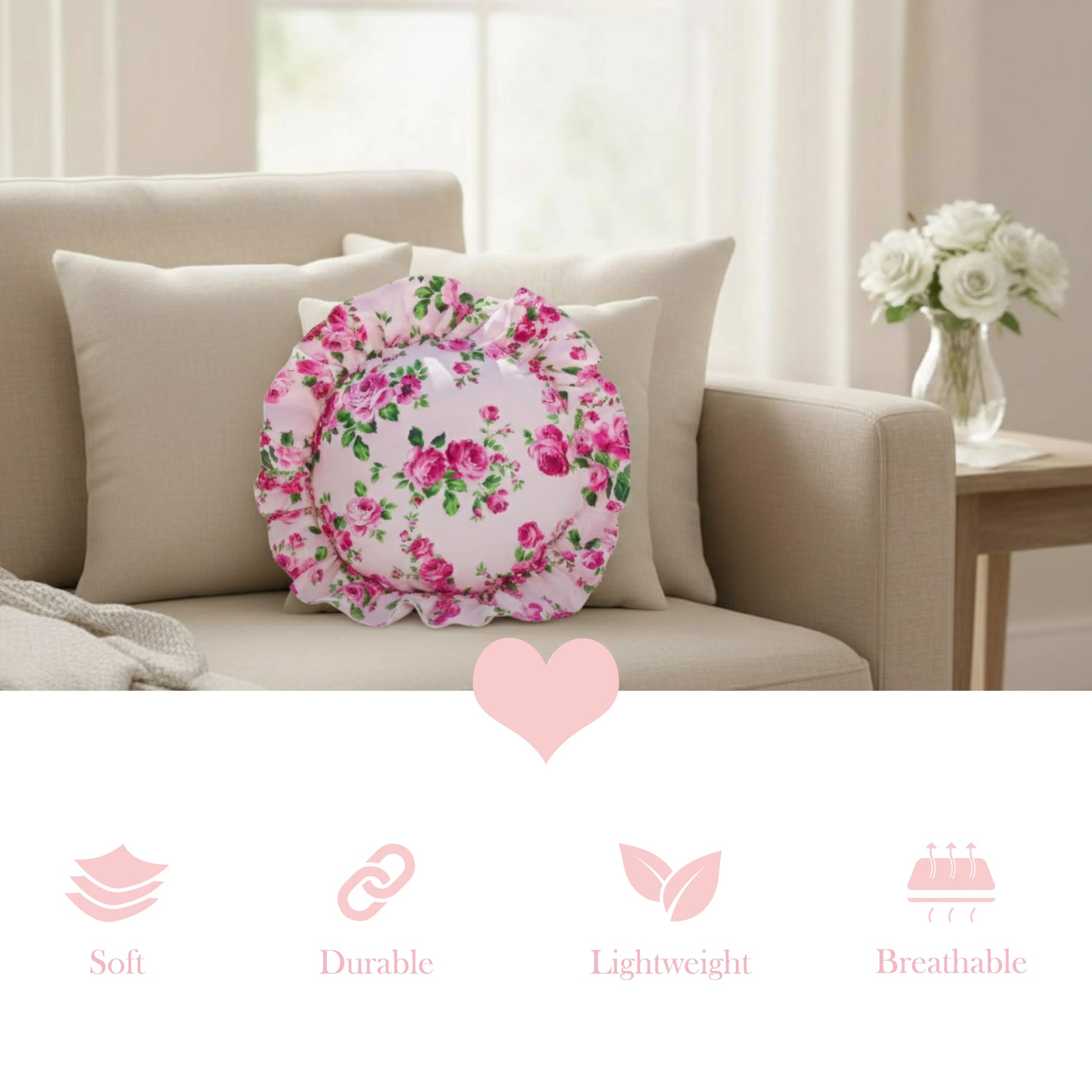 Pale pink circular floral pillow on a beige sofa with decorative elements and text icons.