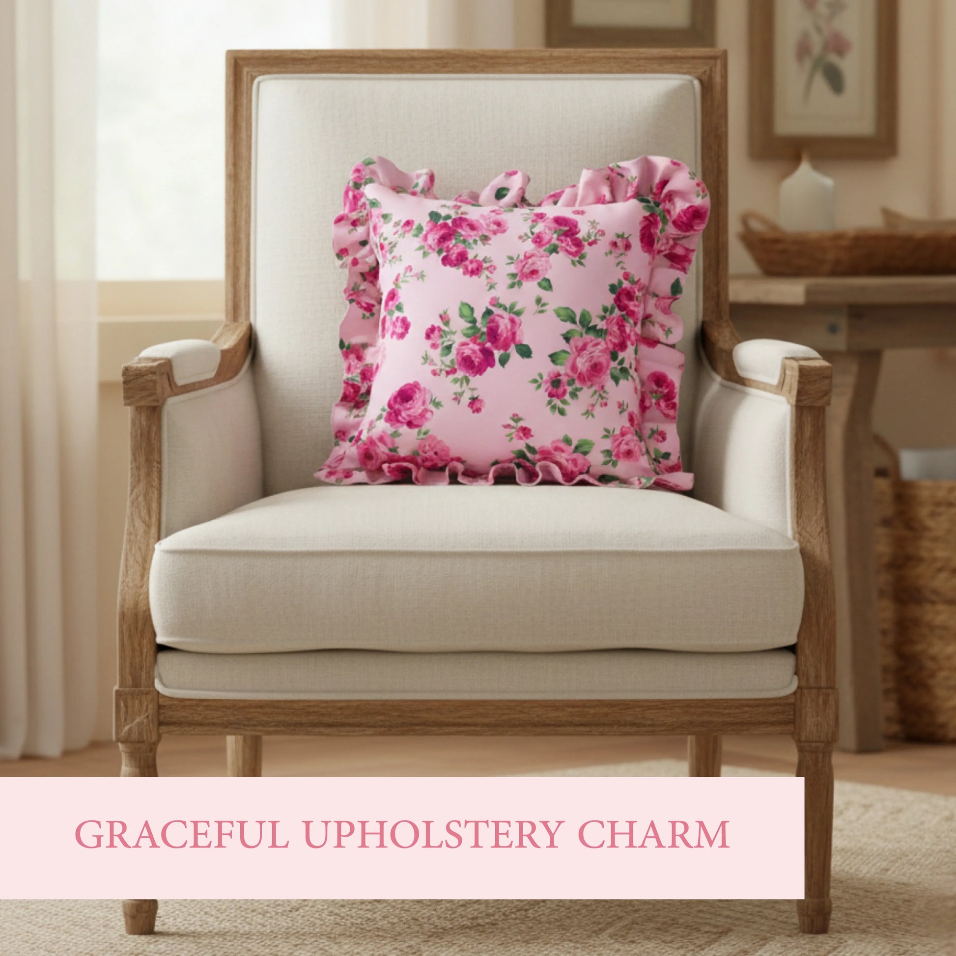 Beige armchair with pale pink floral pillow in a room setting