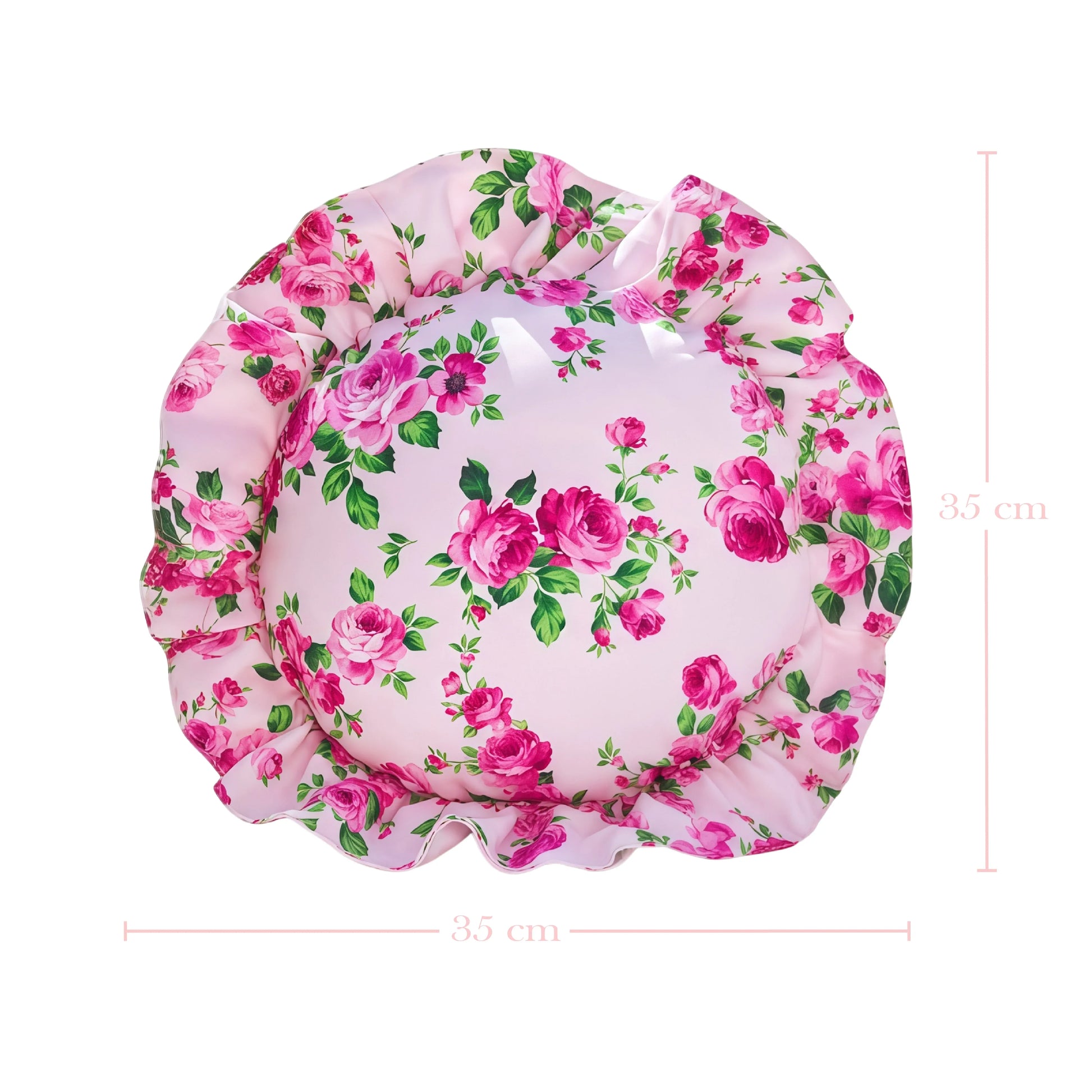 Pale pink floral patterned circular pillow with ruffled edges with measurement on a white background