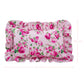 Pale pink floral patterned rectangular pillow with ruffled edges with dimensions on a white background