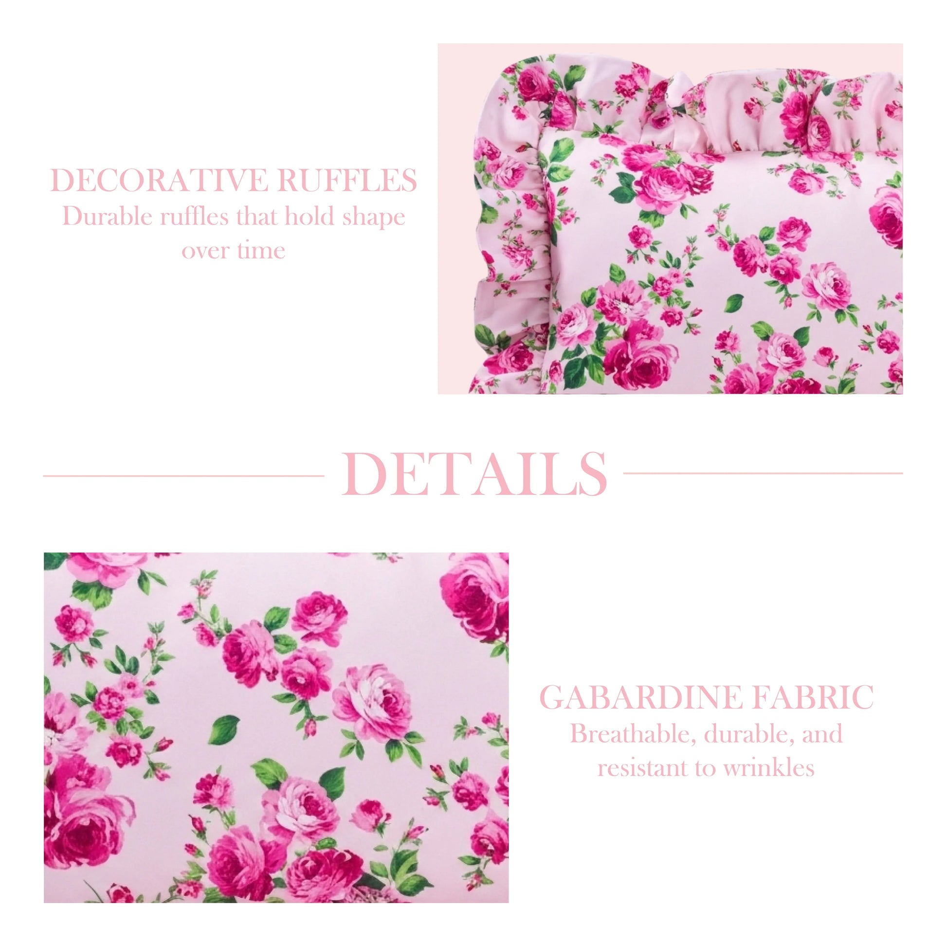 Decorative pale pink rectangular pillow with floral pattern on a white background with detail