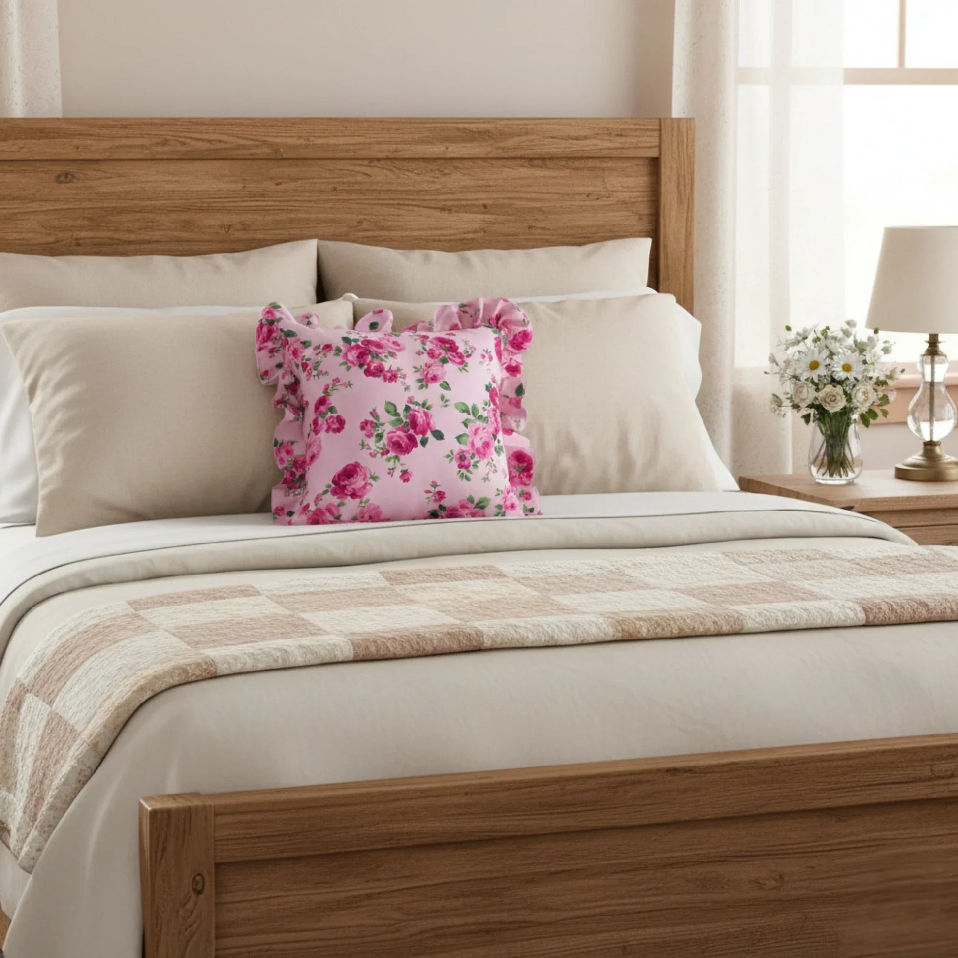 Bedroom with wooden bed frame, beige bedding, and pale pink floral pillow.