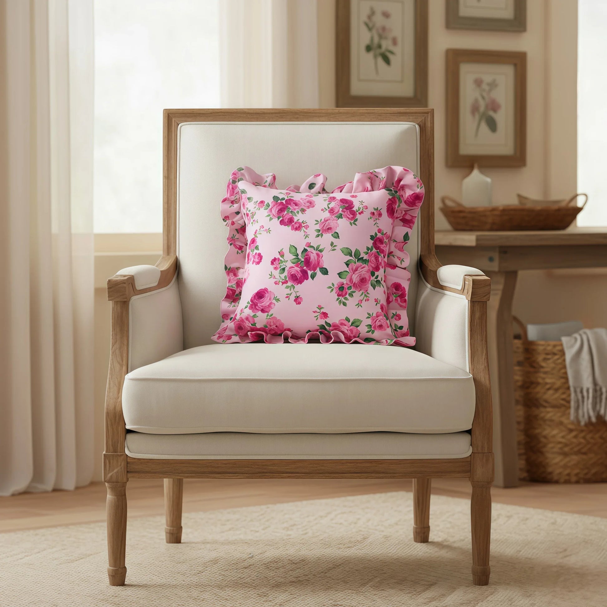 Wooden armchair with pale pink square floral pillow in a cozy living room setting