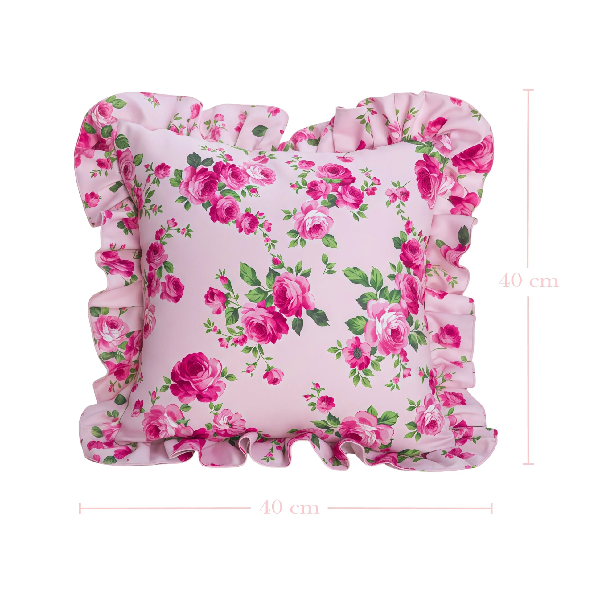 Pale pink floral patterned pillow with ruffled edges with measurement on a white background