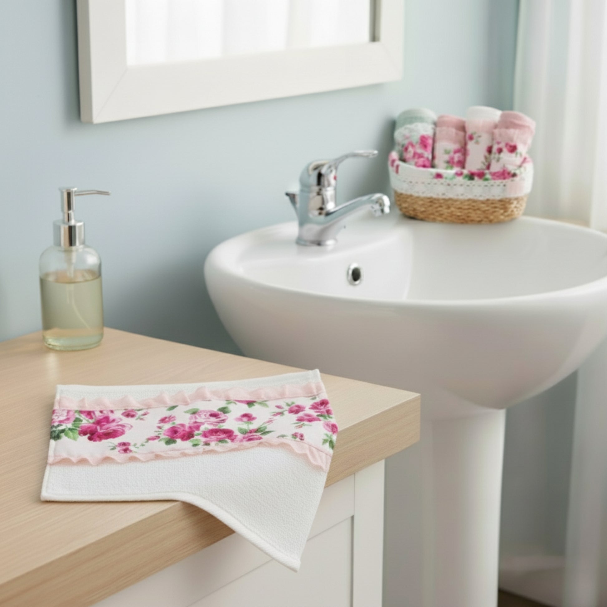 Bathroom setting with a sink, towel, and soap dispenser.