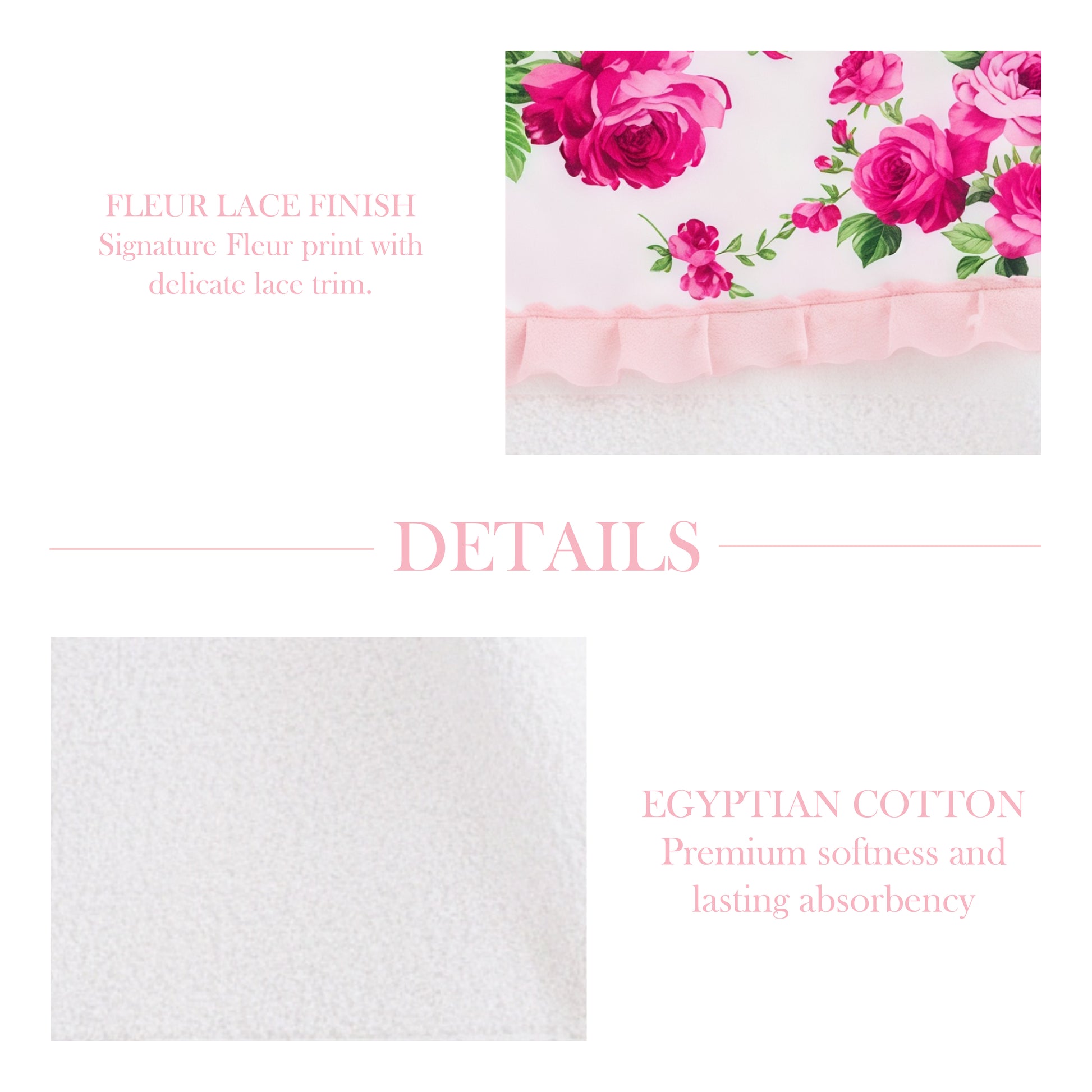 Floral fabric with pink roses and lace trim, labeled 'Fleur lace finish' and 'Egyptian cotton'.