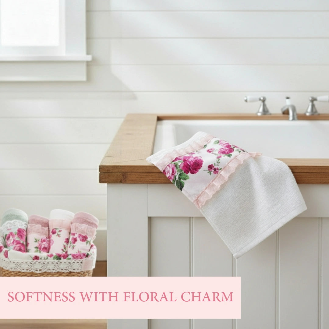 Fleur Face Towel floral towels on wooden countertop Softness with Floral Charm text overlay
