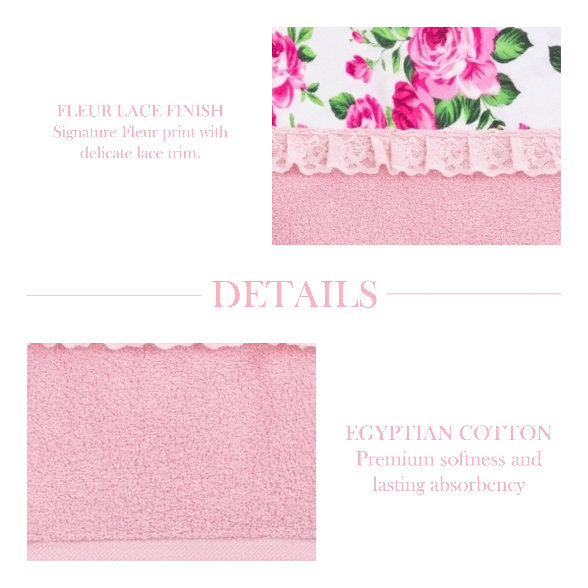 Product details of pink fabric with floral lace trim on a white background